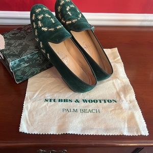 Stubbs & Wootton Embroidered Ants Forest Green Velvet Loafers